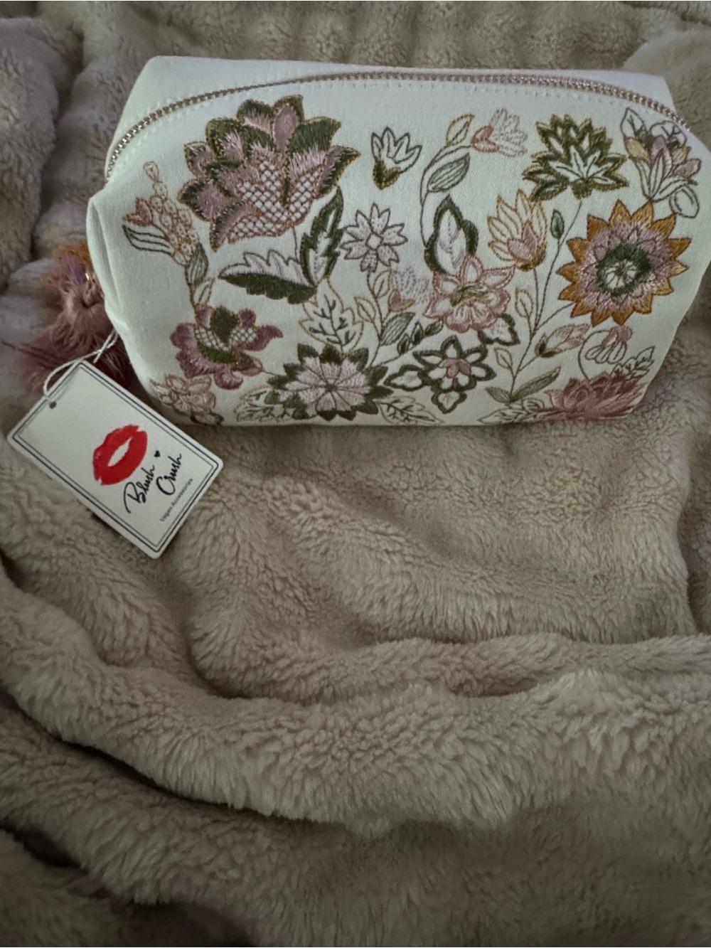 Embroidered Floral Pouch -White with Pink & Olive Accents